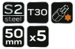 NEO Torziós ütvecsavarozó bitek S2, 50mm, T30 - 5db. (09-587)
