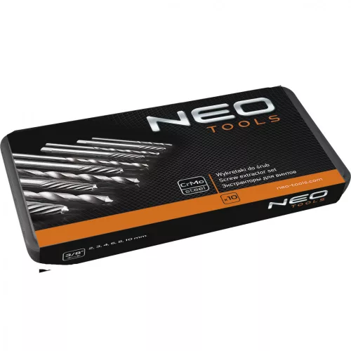 NEO Törtcsavar-kihajtó készlet, négyszög vég, vezetőfúrókkal, 10db, 2-14mm (M3-M18) (09-609)