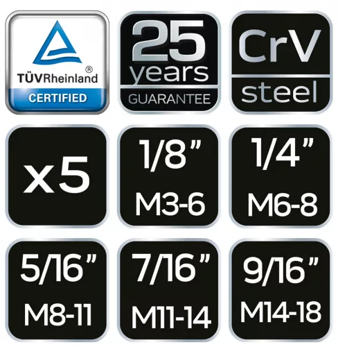 NEO Törtcsavar-kihajtó készlet, 5db, négyszög vég, 2-14mm (M3-M18) (09-615)