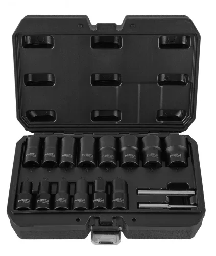 NEO Törtcsavarkihajtó készlet, 16db 1/2”:8, 10, 11, 12, 13, 14, 15, 16, 17, 19, 21, 22, 24, 27mm (11-920)
