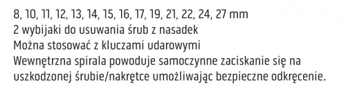 NEO Törtcsavarkihajtó készlet, 16db 1/2”:8, 10, 11, 12, 13, 14, 15, 16, 17, 19, 21, 22, 24, 27mm (11-920)