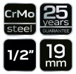 NEO Hosszú Gépi dugókulcs 1/2", 19mm, Cr-Mo (12-319)