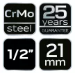 NEO Hosszú Gépi dugókulcs 1/2", 21mm, Cr-Mo (12-321)