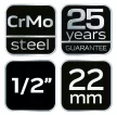 NEO Hosszú Gépi dugókulcs 1/2", 22mm, Cr-Mo (12-322)