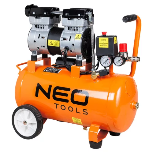 NEO Kompresszor, 24l, 8 bar, 125l/min,  extra csendes, kefementes motorral, olajmentes, 80Db (12K021-1)