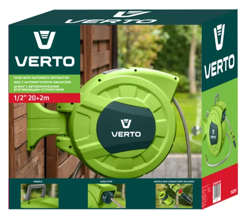 VERTO Autómata tömlődob, 20 m locsolótömlő + 2 m csatlakozó tömlő, 10 bar, PP ház, PVC tömlő, falra szerelhető (15G891)