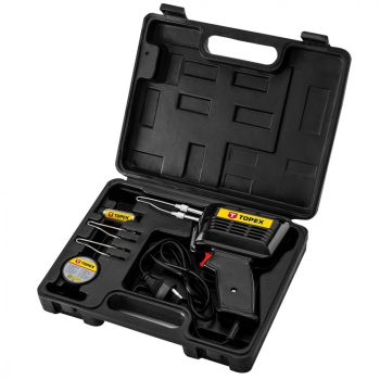   TOPEX FORRASZTÓPISZTOLY 150W, kiegészítőkkel, 3db pákacsúcs, forrasztókrém, forrasztóón, kofferben (44E005)