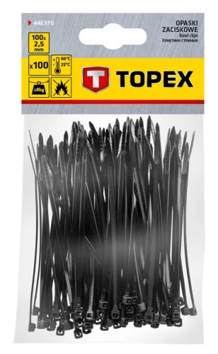 TOPEX KÁBELKÖTEGELŐ, gyorskötöző, 2,5mm x 100mm, fekete, 100db (44E970)