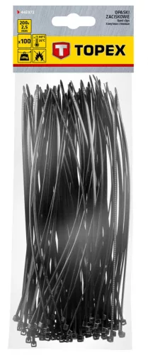 TOPEX KÁBELKÖTEGELŐ, gyorskötöző, 2,5mm x 200mm, fekete, 100db (44E972)