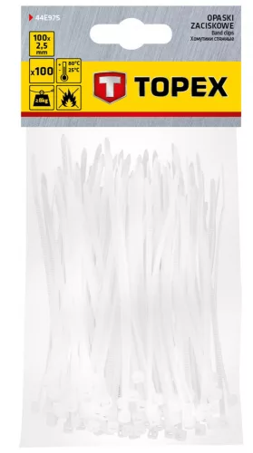 TOPEX KÁBELKÖTEGELŐ, gyorskötöző, 2,5mm x 100mm, fehér, 100db (44E975)