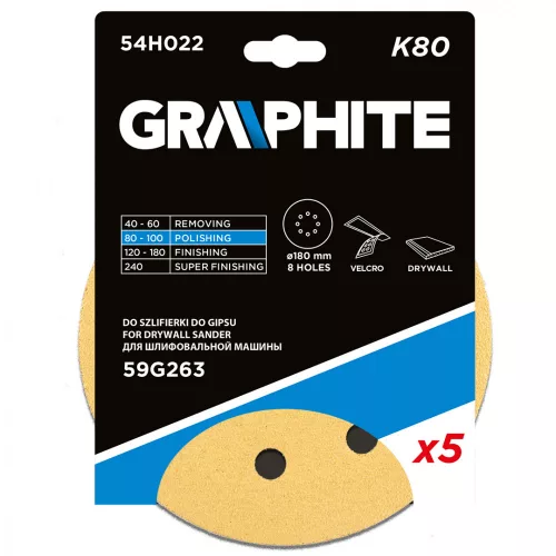 GRAPHITE Tépőzáras csiszolópapír 180mm, K80, 5db, 8 lyukakkal csiszológéphez 59G263 (54H022)