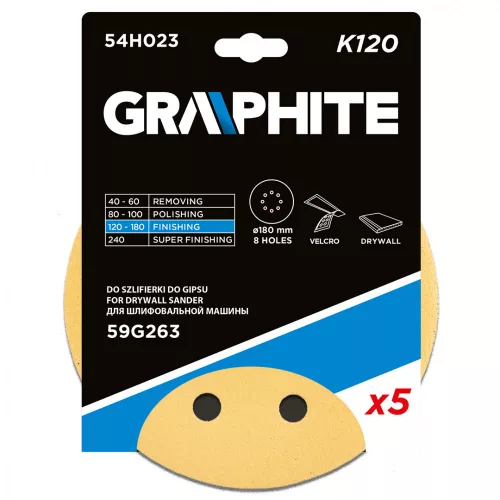 GRAPHITE Tépőzáras csiszolópapír 180mm, K120, 5db, 8 lyukakkal csiszológéphez 59G263 (54H023)