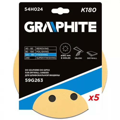 GRAPHITE Tépőzáras csiszolópapír 180mm, K180, 5db, 8 lyukkal, csiszológéphez 59G263 (54H024)