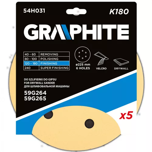 GRAPHITE Tépőzáras csiszolópapír 225mm, K180, 5db, 6 lyukakkal az 59G264, 59G265 csiszológéphez. (54H031)