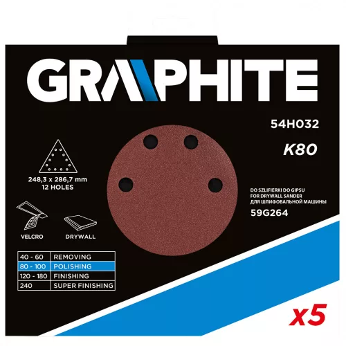 GRAPHITE Tépőzáras csiszolópapír K80, háromszög alakú 12 lyukakkal, 5db csiszolóhoz 59G264 (54H032)
