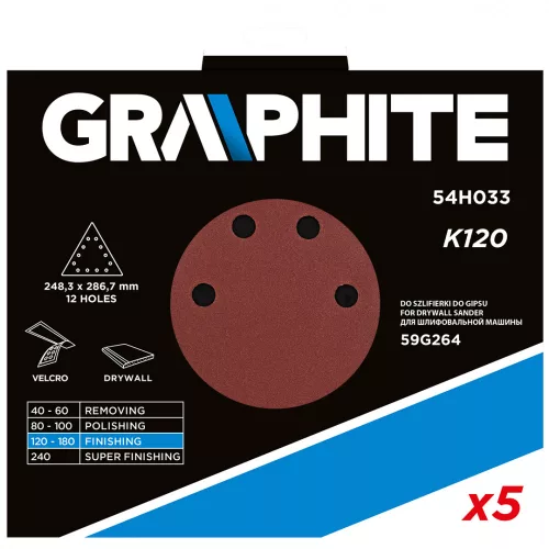 GRAPHITE Tépőzáras csiszolópapír K120, háromszög alakú 12 lyukakkal, 5db csiszolóhoz 59G264 (54H033)