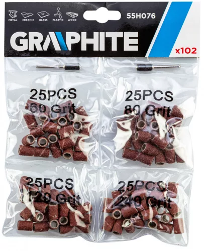 GRAPHITE Csiszolóhüvely 6.3mm, K60, K80, K120, K240, set 100 db + szár 3.2mm, 2 db (55H076)