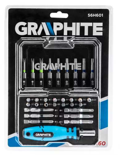 GRAPHITE Csavarhúzó bitkészlet, 31db., bitek 25mm - 15db, bitek 50mm - 15db., bittartó - 1db. (56H602)