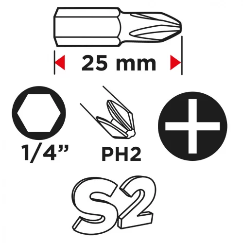 GRAPHITE Csavarhúzó bitkészlet PH2 x 25mm, 100db (56H626)