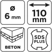 GRAPHITE Betonfúró SDS PLUS, 2 élű, dupla spirálos, 6x110mm (56T103)