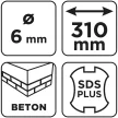 GRAPHITE Betonfúró SDS PLUS, 2 élű, dupla spirálos, 6x310mm (56T107)