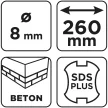 GRAPHITE Betonfúró SDS PLUS, 2 élű, dupla spirálos, 8x260mm (56T111)