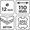 GRAPHITE Betonfúró SDS PLUS, 2 élű, dupla spirálos, 12x110mm (56T123)
