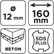 GRAPHITE Betonfúró SDS PLUS, 2 élű, dupla spirálos, 12x160mm (56T124)