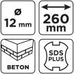 GRAPHITE Betonfúró SDS PLUS, 2 élű, dupla spirálos, 12x260mm (56T126)