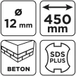 GRAPHITE Betonfúró SDS PLUS, 2 élű, dupla spirálos, 12x450mm (56T129)