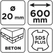 GRAPHITE Betonfúró SDS PLUS, 2 élű, dupla spirálos, 20x600mm (56T154)