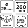GRAPHITE Betonfúró SDS PLUS, 2 élű, dupla spirálos, 25x260mm (56T162)