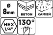 GRAPHITE Betonfúró,1/4"-os hatszög szárral, 8mm (56T404)