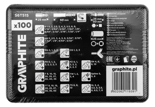 GRAPHITE Csavarhúzó bitkészlet mágneses szárral műanyag tokban 100db (56T515)