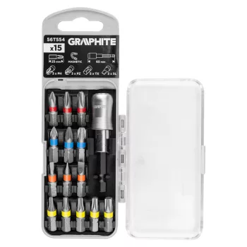   GRAPHITE Csavarhúzó bitkészlet 25mm, mágneses szárral, műanyag tokban, 15db (56T554)
