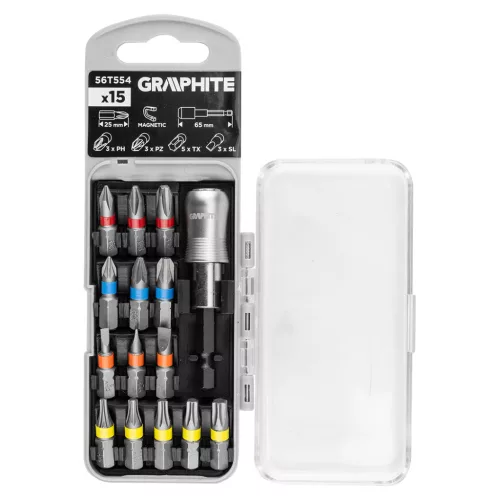 GRAPHITE Csavarhúzó bitkészlet 25mm, mágneses szárral, műanyag tokban, 15db (56T554)