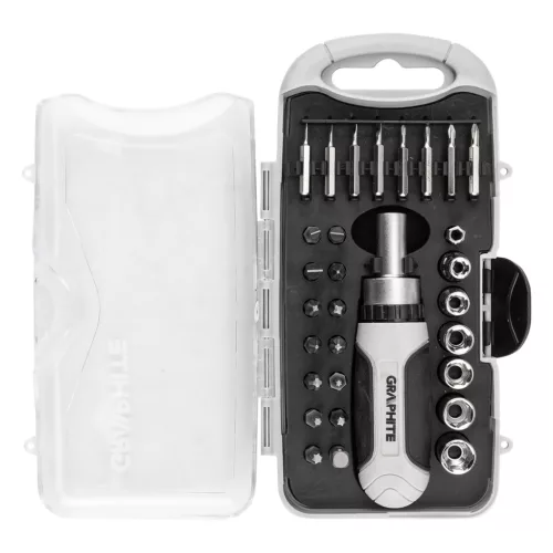 GRAPHITE Bitfejes csavarhúzó készlet 115mm-es racsnis szárral, műanyag tokban, 30db (56T561)