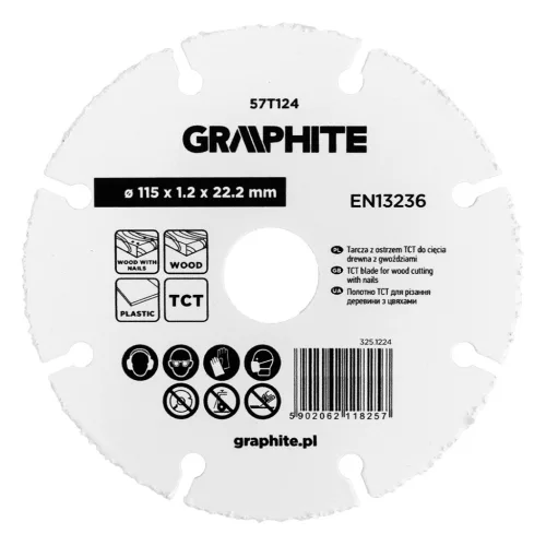 GRAPHITE Vágókorong karbidszemcsés, műanyaghoz, szeges fához, univerzális 115x1,2x22,2 (57T124)