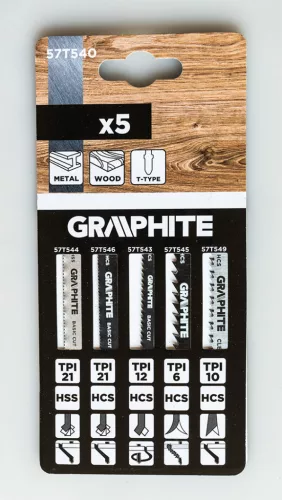 GRAPHITE Dekopírfűrészlap készlet, T-befogó, HCS, fém-fa-rétegelt lemez, 5db (57T540)