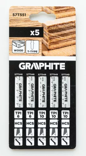 GRAPHITE Dekopírfűrészlap készlet, T-befogó, HCS, 6TPI/10TPI, 74/100mm, fa-rétegelt lemez, 5db (57T551)