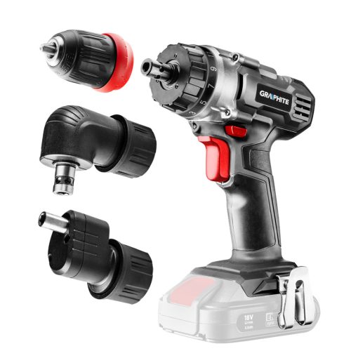 GRAPHITE Akkus fúró csavarozó, Energy+ 18V, 3 levehető tokmánnyal 10 mm, egyenes, sarok, perem. Akku nélkül! (58G022-AD)