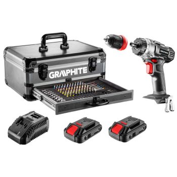   GRAPHITE Akkus fúró Energy+, 2x18V/2.0Ah, 10mm + alu koffer + 109 kiegészítő, levehető fúrótokmány (58G022-PS15)