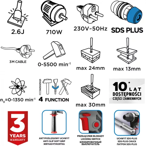 GRAPHITE Fúrókalapács vésőfunkcióval, 710W, 2,6 J, SDS PLUS, Koffer (58G537)