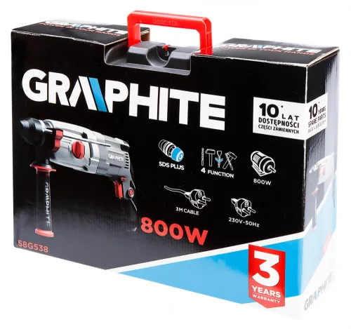 GRAPHITE Fúrókalapács vésőfunkcióval, 800W, 2,8 J, SDS PLUS, Koffer (58G538)