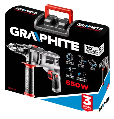 GRAPHITE Ütvefúró 650W, 0-3000/min, 13mm fogastokmány, koffer (58G726)