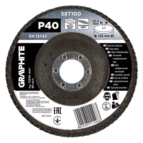 GRAPHITE Csiszolókorong lamellás 125x22,2mm, P40 inox, fém, fa (58T100)