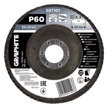   GRAPHITE Csiszolókorong lamellás 125x22,2mm, P60 inox, fém, fa (58T101)