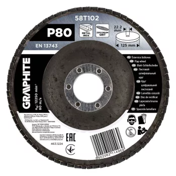   GRAPHITE Csiszolókorong lamellás 125x22,2mm, P80 inox, fém, fa (58T102)