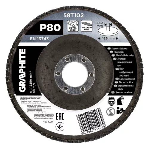 GRAPHITE Csiszolókorong lamellás 125x22,2mm, P80 inox, fém, fa (58T102)