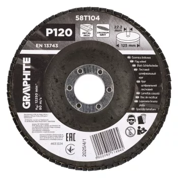   GRAPHITE Csiszolókorong lamellás 125x22,2mm, P120 inox, fém, fa (58T104)